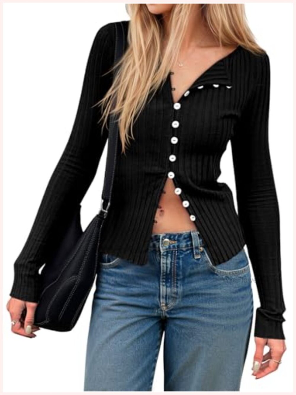 Womens Ribbed Button Down Long Sleeve Top Slim Fit Y2K Casual Shirt